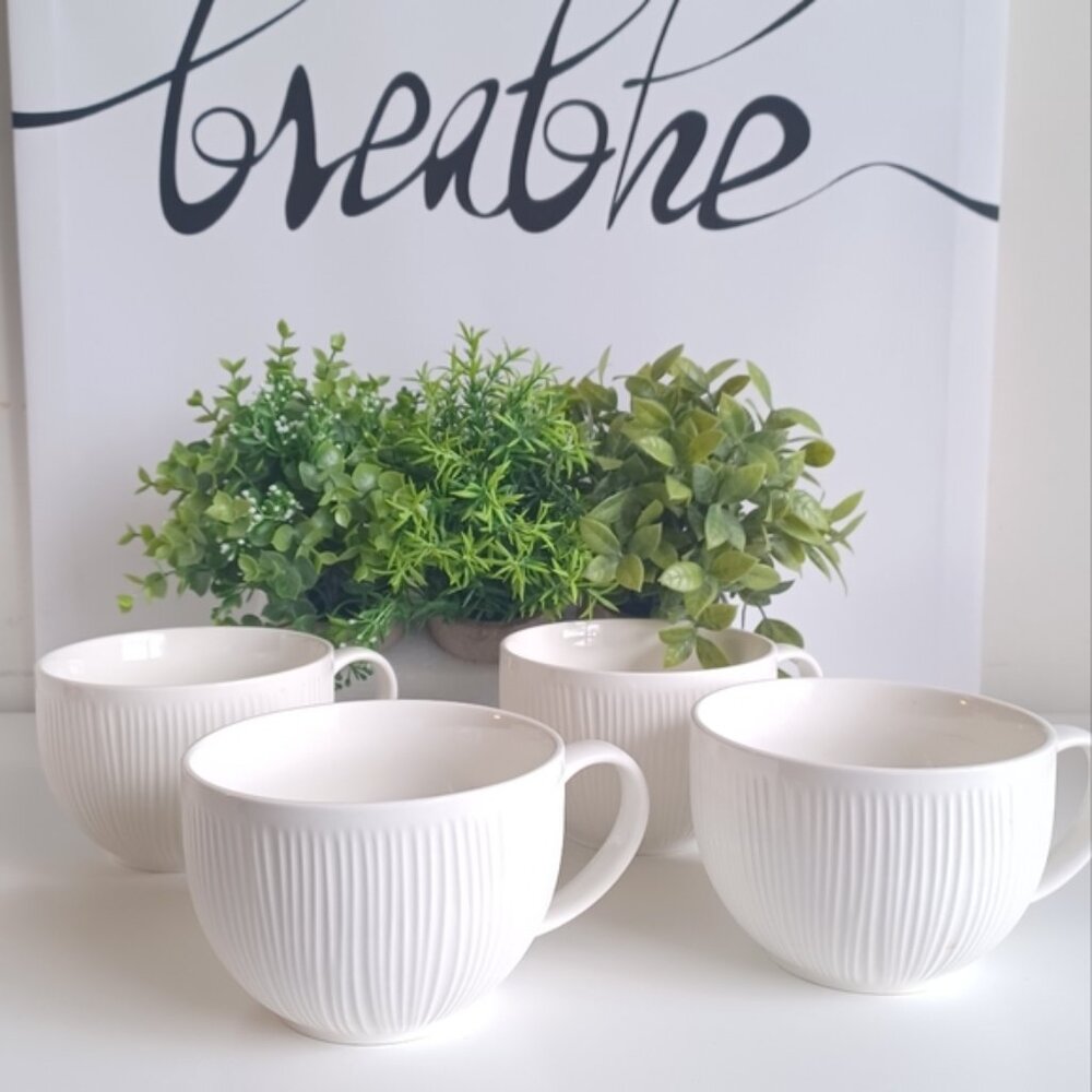 Set of 4 Large Ceramic Soup Mugs | Modern Design | White | Jumbo 1.5 lb Capacity